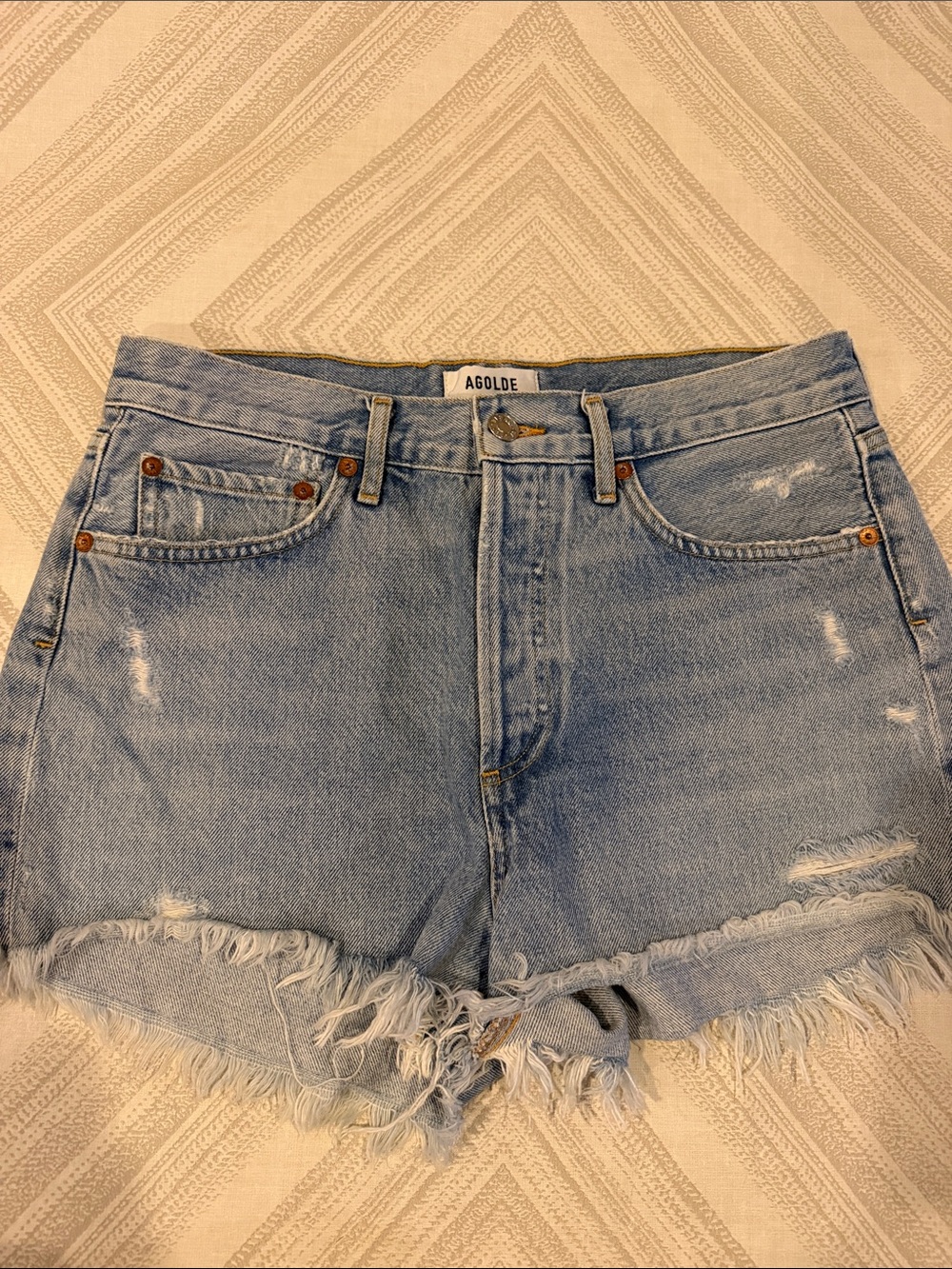 AGOLDE Light Wash Frayed Hem Distressed Denim Shorts Women’s Size 27